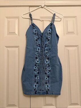 Denim Embroidered Floral Mini Dress - Blue